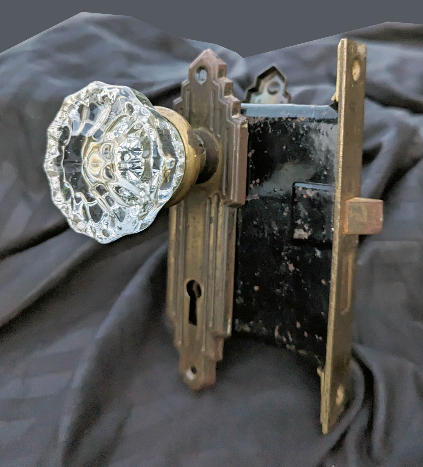 5 available Antique Vintage Old Salvaged Reclaimed Art Deco Door Set Glass Knob Brass Plate Lock Lockset