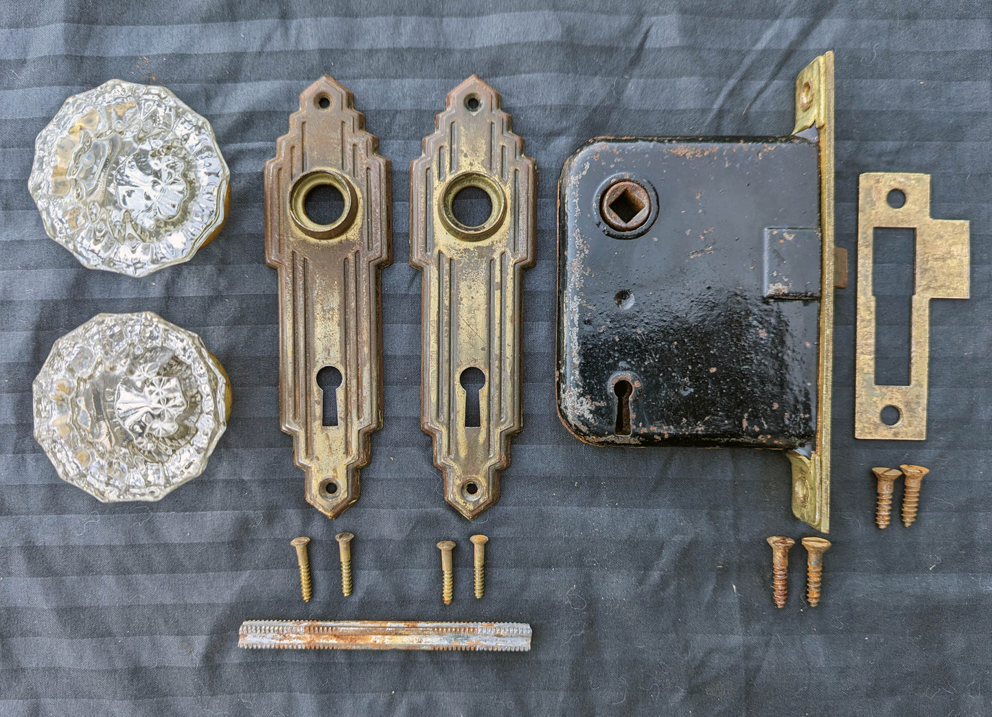 5 available Antique Vintage Old Salvaged Reclaimed Art Deco Door Set Glass Knob Brass Plate Lock Lockset