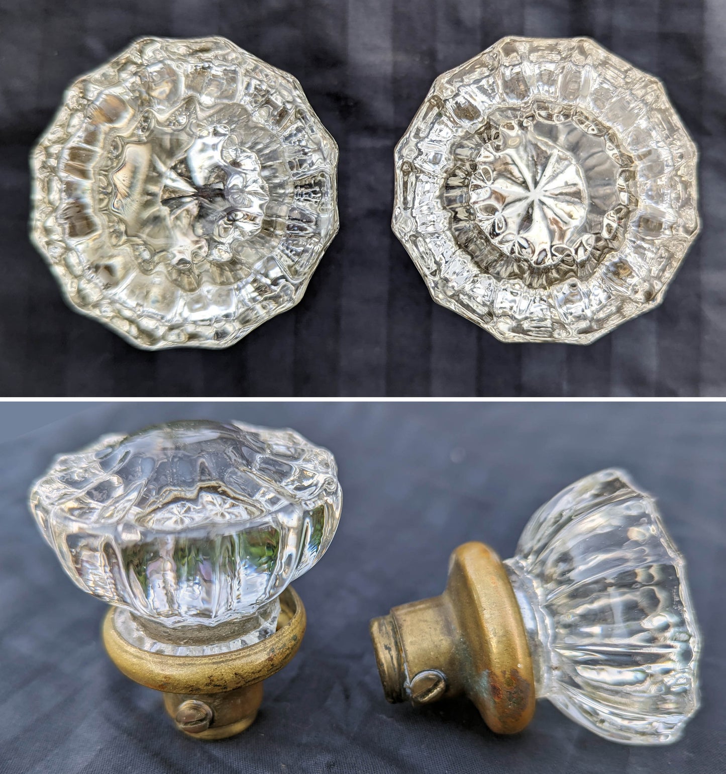 5 available Antique Vintage Old Salvaged Reclaimed Art Deco Door Set Glass Knob Brass Plate Lock Lockset