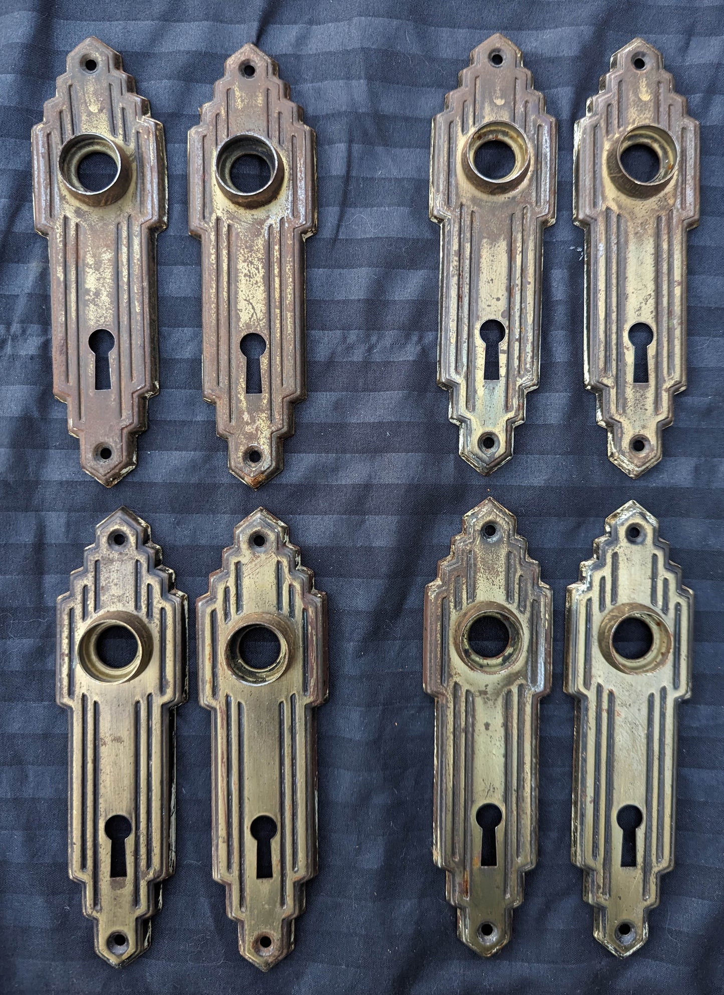 5 available Antique Vintage Old Salvaged Reclaimed Art Deco Door Set Glass Knob Brass Plate Lock Lockset