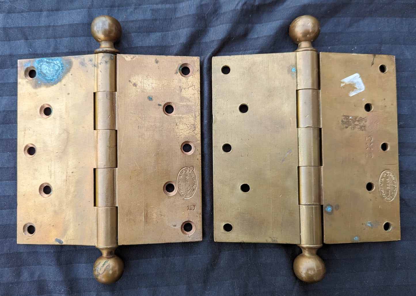 Pair 5"x5" Antique Vintage Old Reclaimed Salvaged "Sargent" Bronze Exterior Entry Door Ball Tip Finial Hinges