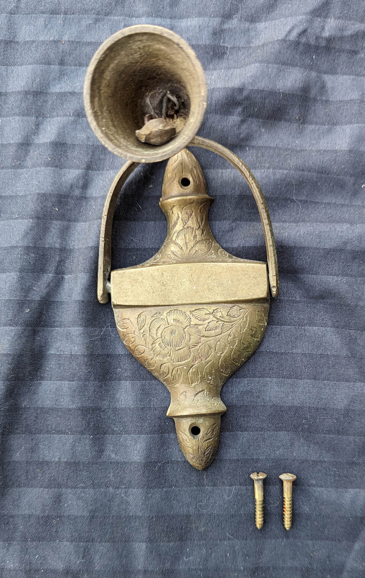6" Vintage Antique Old Reclaimed Salvaged Colonial Style SOLID Cast Brass Door Door Knocker Rapper Plate w/ Bell Chime