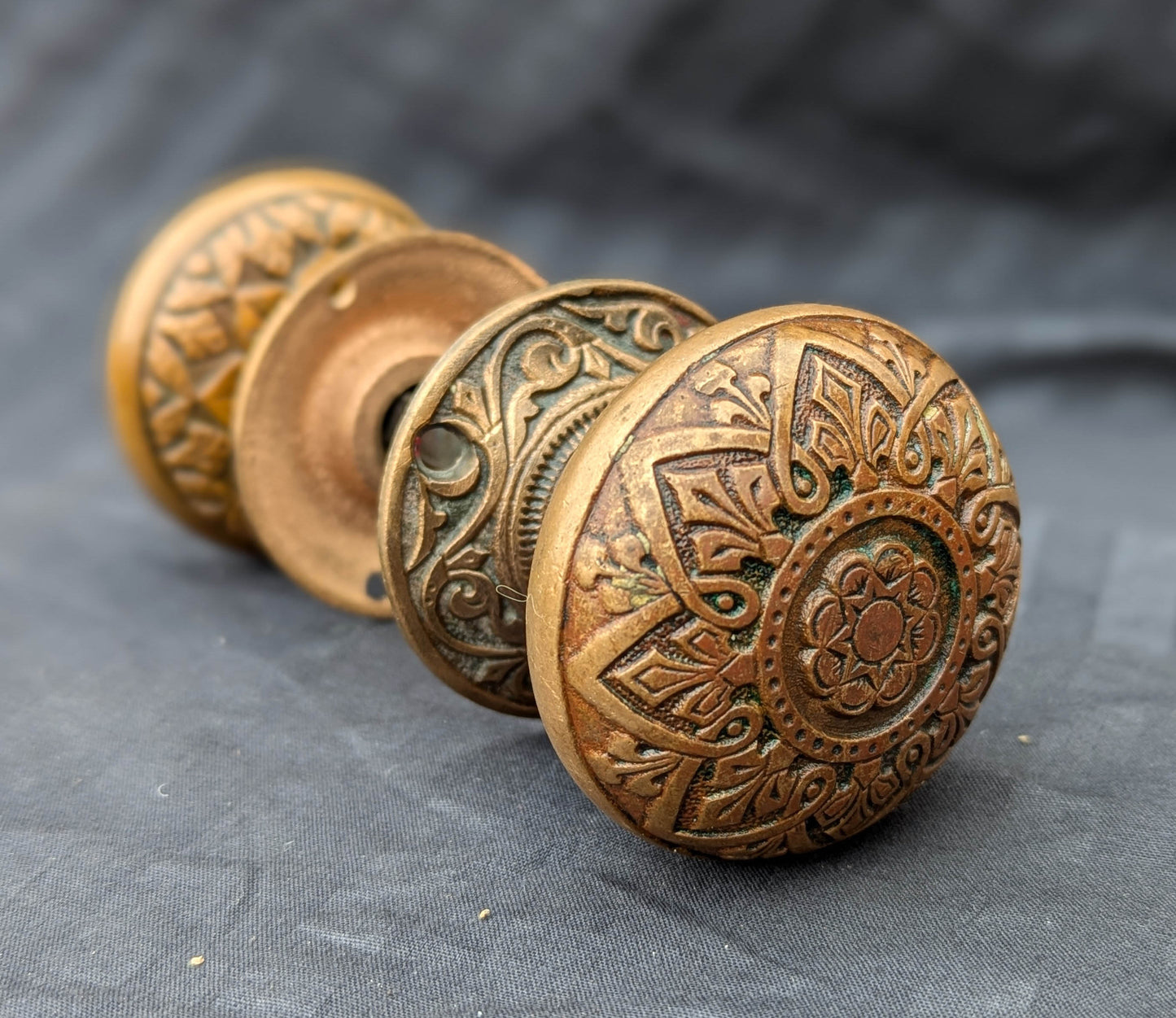 2 available Pair Antique Vintage Old 1870s SOLID Cast Bronze Russell Erwin Victorian Eastlake Doorknob Door Knobs Round Plates Rosettes