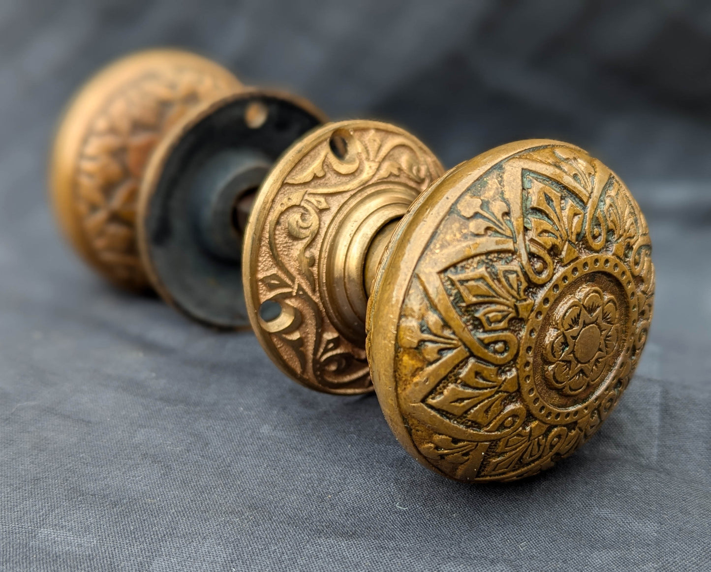 2 available Pair Antique Vintage Old 1870s SOLID Cast Bronze Russell Erwin Victorian Eastlake Doorknob Door Knobs Round Plates Rosettes