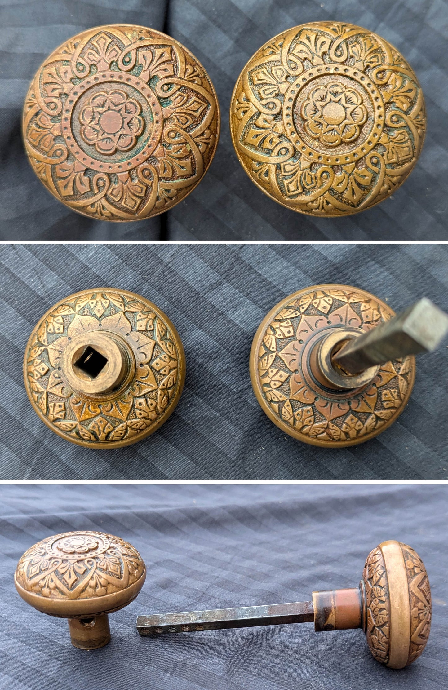 2 available Pair Antique Vintage Old 1870s SOLID Cast Bronze Russell Erwin Victorian Eastlake Doorknob Door Knobs Round Plates Rosettes