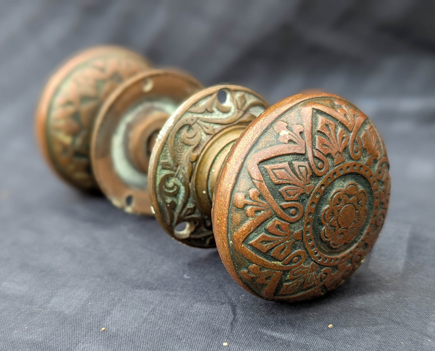 2 available Pair Antique Vintage Old 1870s SOLID Cast Bronze Russell Erwin Victorian Eastlake Doorknob Door Knobs Round Plates Rosettes