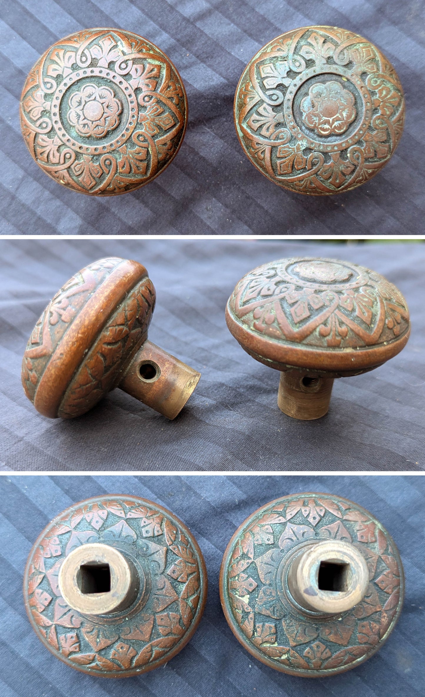 2 available Pair Antique Vintage Old 1870s SOLID Cast Bronze Russell Erwin Victorian Eastlake Doorknob Door Knobs Round Plates Rosettes