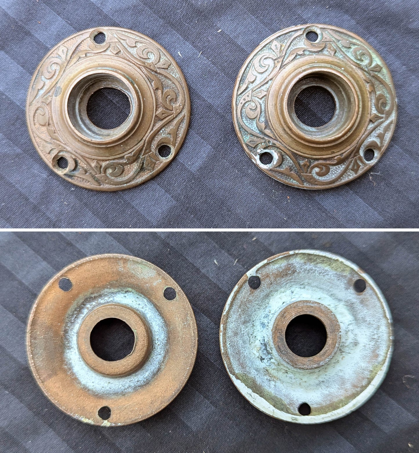 2 available Pair Antique Vintage Old 1870s SOLID Cast Bronze Russell Erwin Victorian Eastlake Doorknob Door Knobs Round Plates Rosettes
