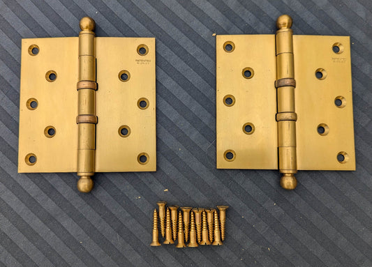 Pair 5"x5" NOS Antique Vintage Old "Corbin" SOLID Cast Bronze Ball Tip Finial Exterior Entry Door Ball Bearing Hinges Screws