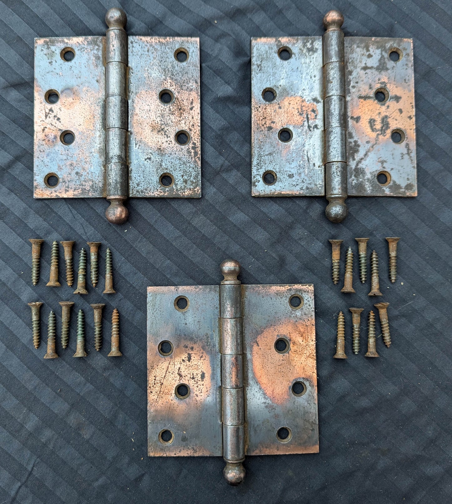 CLEANED 4.5"x4.5" Antique Vintage Old Reclaimed Salvaged Steel Bronze Copper Ball Tip Finial Exterior Entry Door Hinges Screws