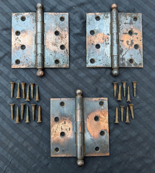 CLEANED 4.5"x4.5" Antique Vintage Old Reclaimed Salvaged Steel Bronze Copper Ball Tip Finial Exterior Entry Door Hinges Screws
