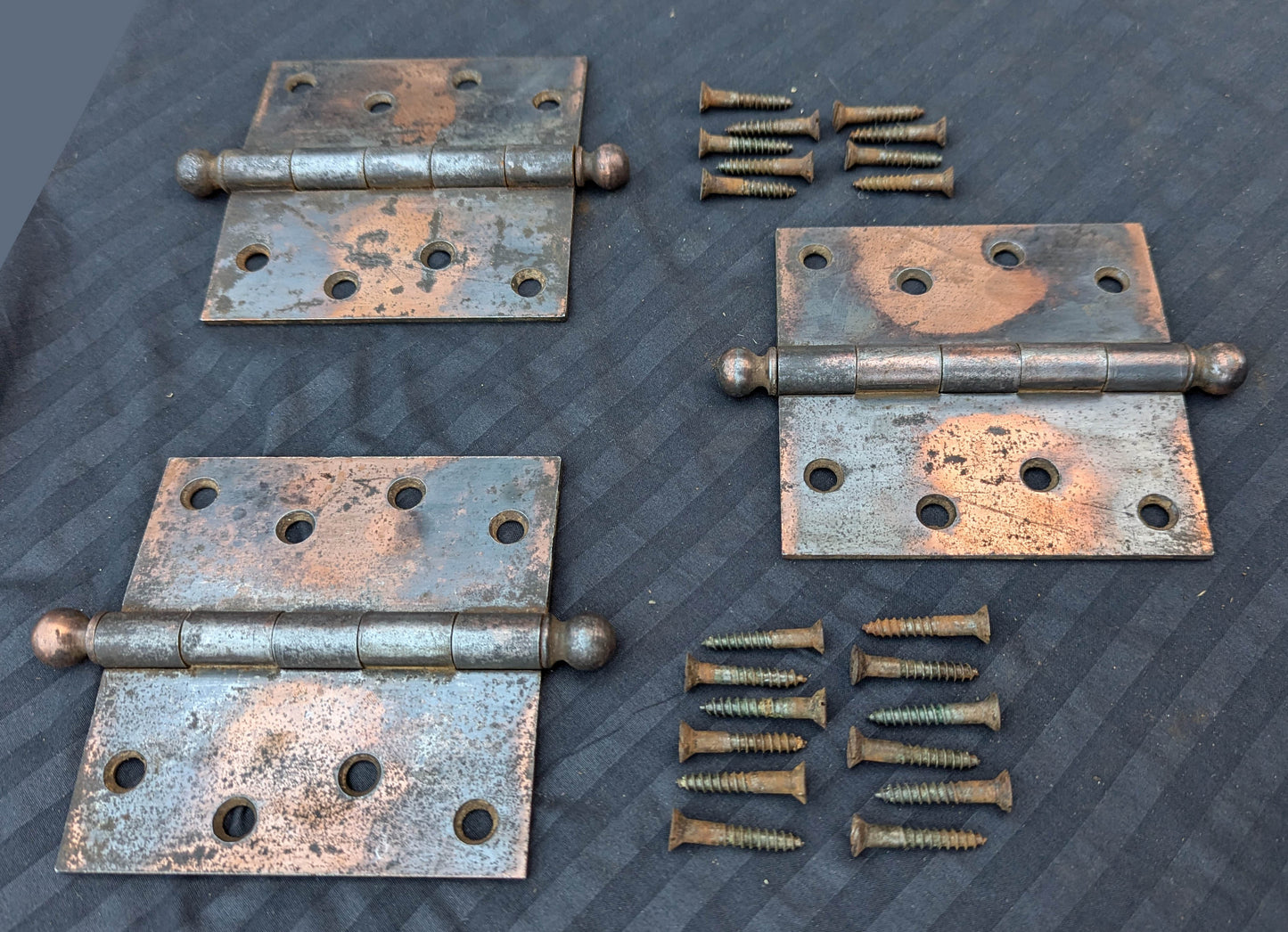 CLEANED 4.5"x4.5" Antique Vintage Old Reclaimed Salvaged Steel Bronze Copper Ball Tip Finial Exterior Entry Door Hinges Screws