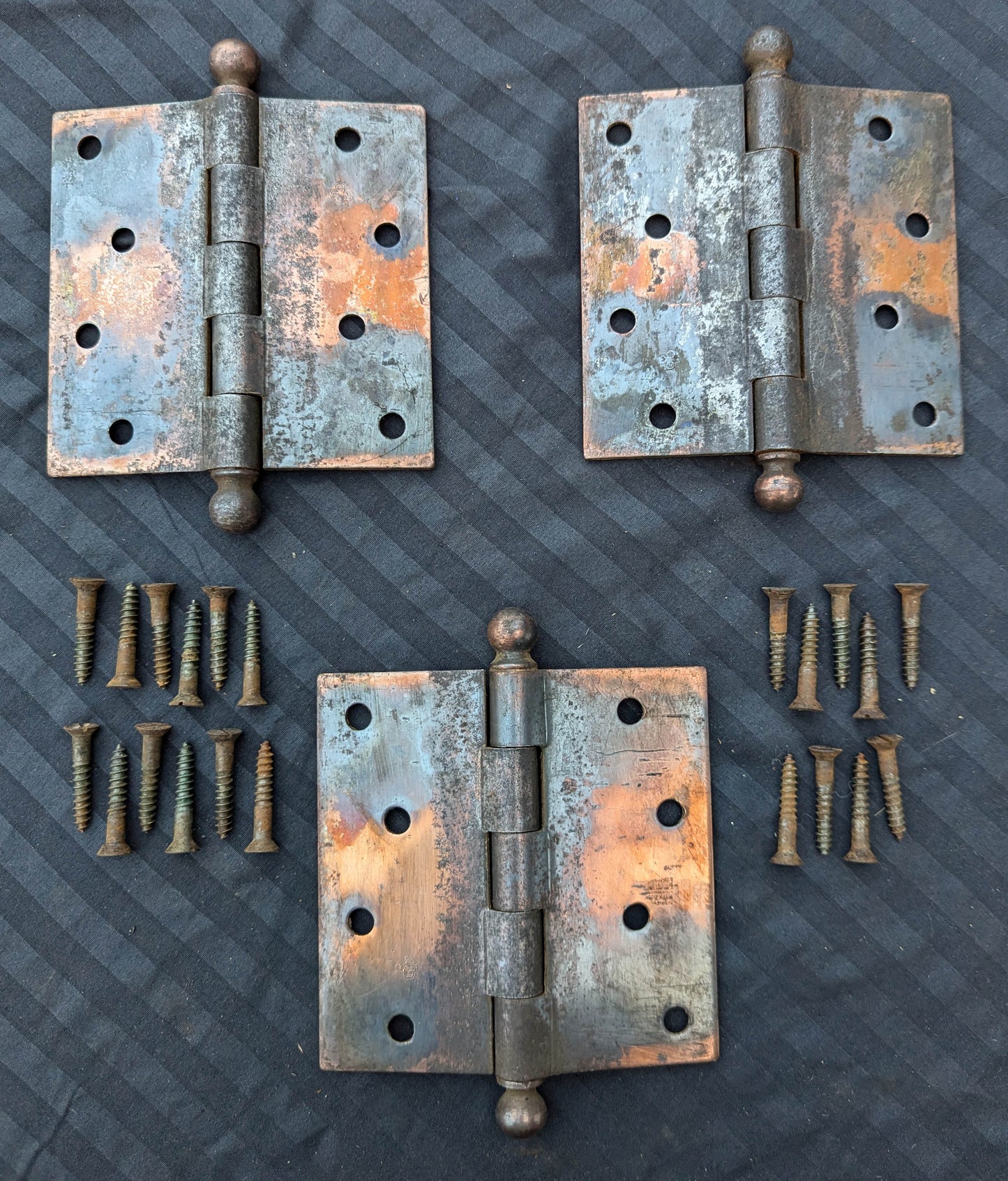 CLEANED 4.5"x4.5" Antique Vintage Old Reclaimed Salvaged Steel Bronze Copper Ball Tip Finial Exterior Entry Door Hinges Screws