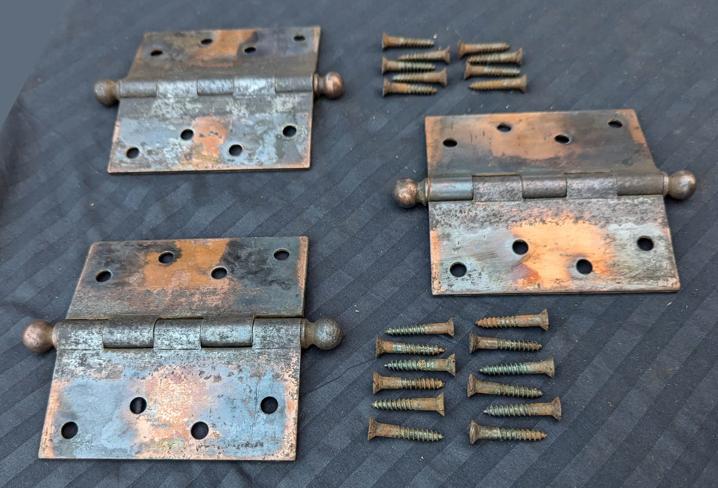 CLEANED 4.5"x4.5" Antique Vintage Old Reclaimed Salvaged Steel Bronze Copper Ball Tip Finial Exterior Entry Door Hinges Screws