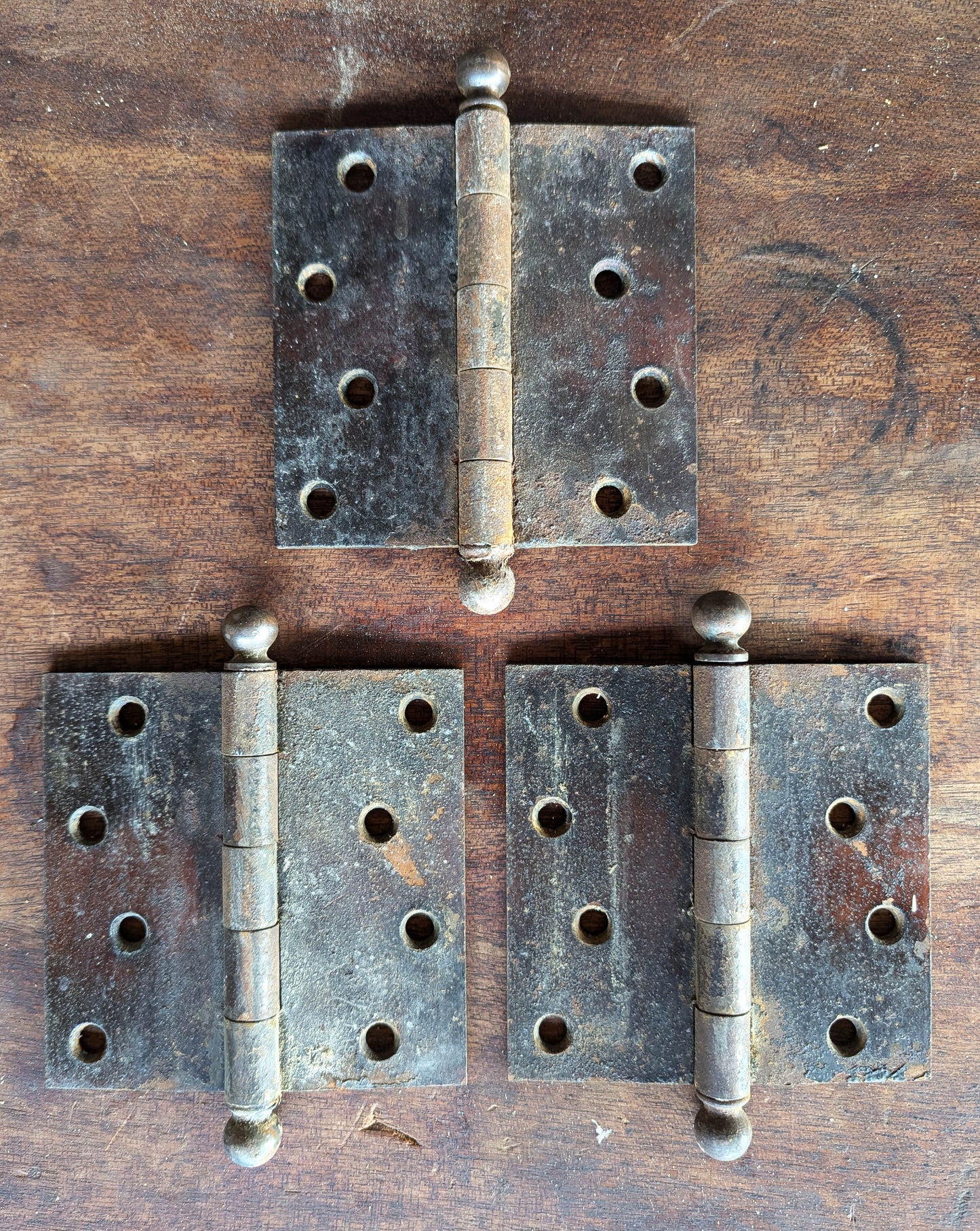 CLEANED 4.5"x4.5" Antique Vintage Old Reclaimed Salvaged Steel Bronze Copper Ball Tip Finial Exterior Entry Door Hinges Screws