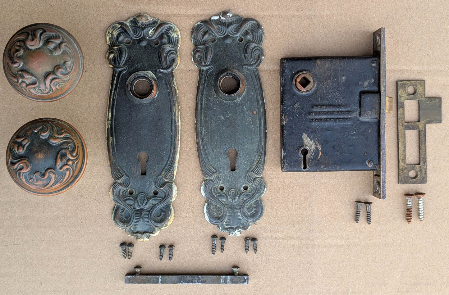 Antique Vintage Old Salvaged Reclaimed Art Nouveau "Sargent" SOLID Brass Door Set Knob Brass Plate Lock Lockset