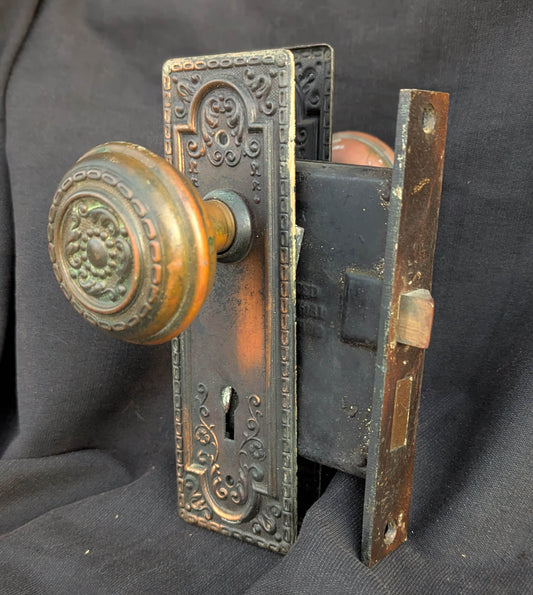 Antique Vintage Old Salvaged Reclaimed Victorian Green Revival "Sargent" SOLID Brass Door Set Knob Brass Plate Lock Lockset