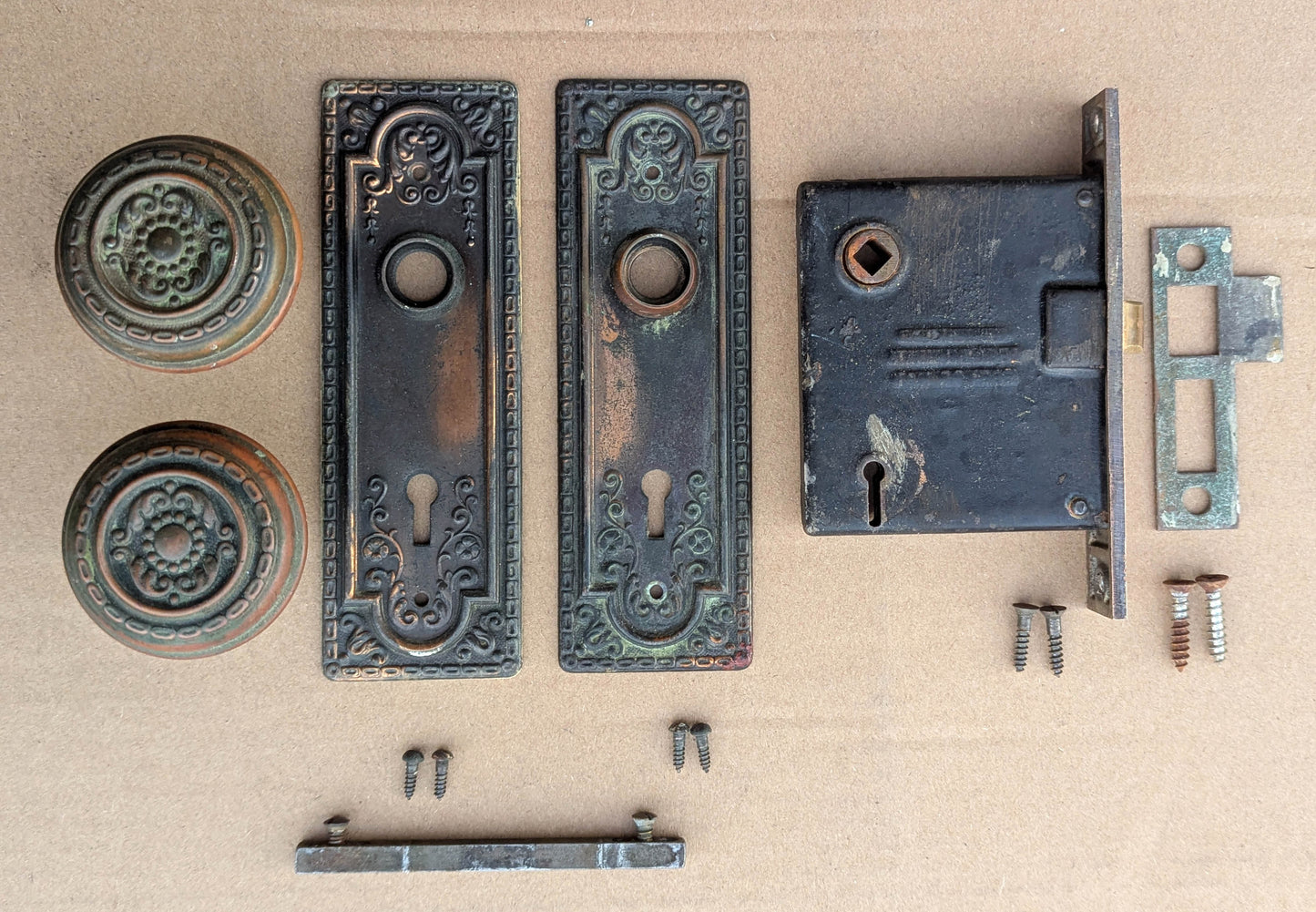 Antique Vintage Old Salvaged Reclaimed Victorian Green Revival "Sargent" SOLID Brass Door Set Knob Brass Plate Lock Lockset