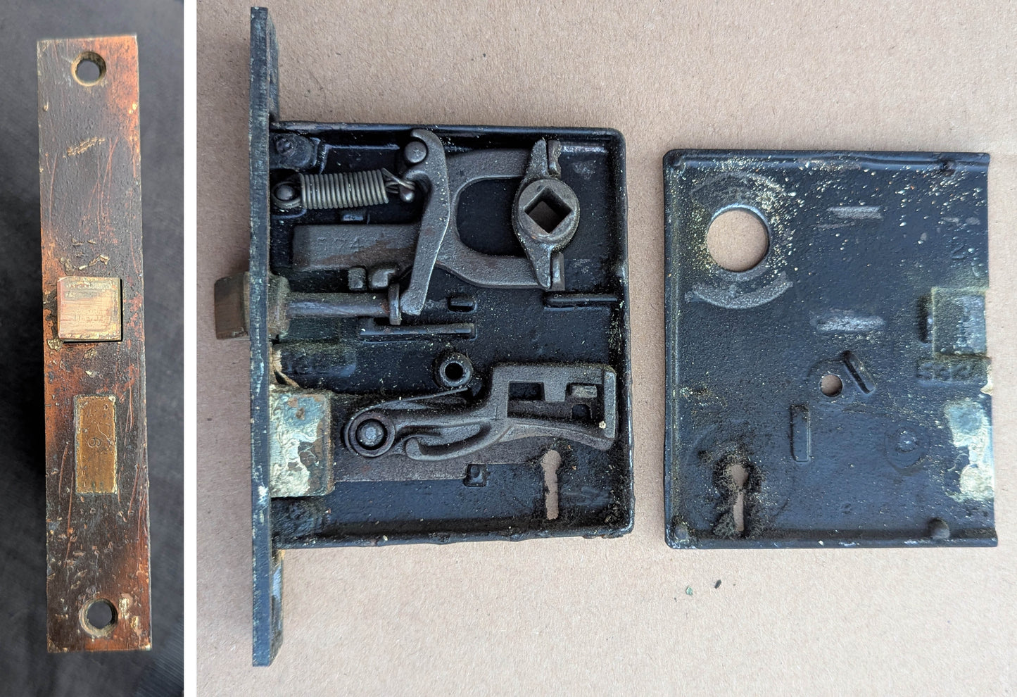 Antique Vintage Old Salvaged Reclaimed Victorian Green Revival "Sargent" SOLID Brass Door Set Knob Brass Plate Lock Lockset