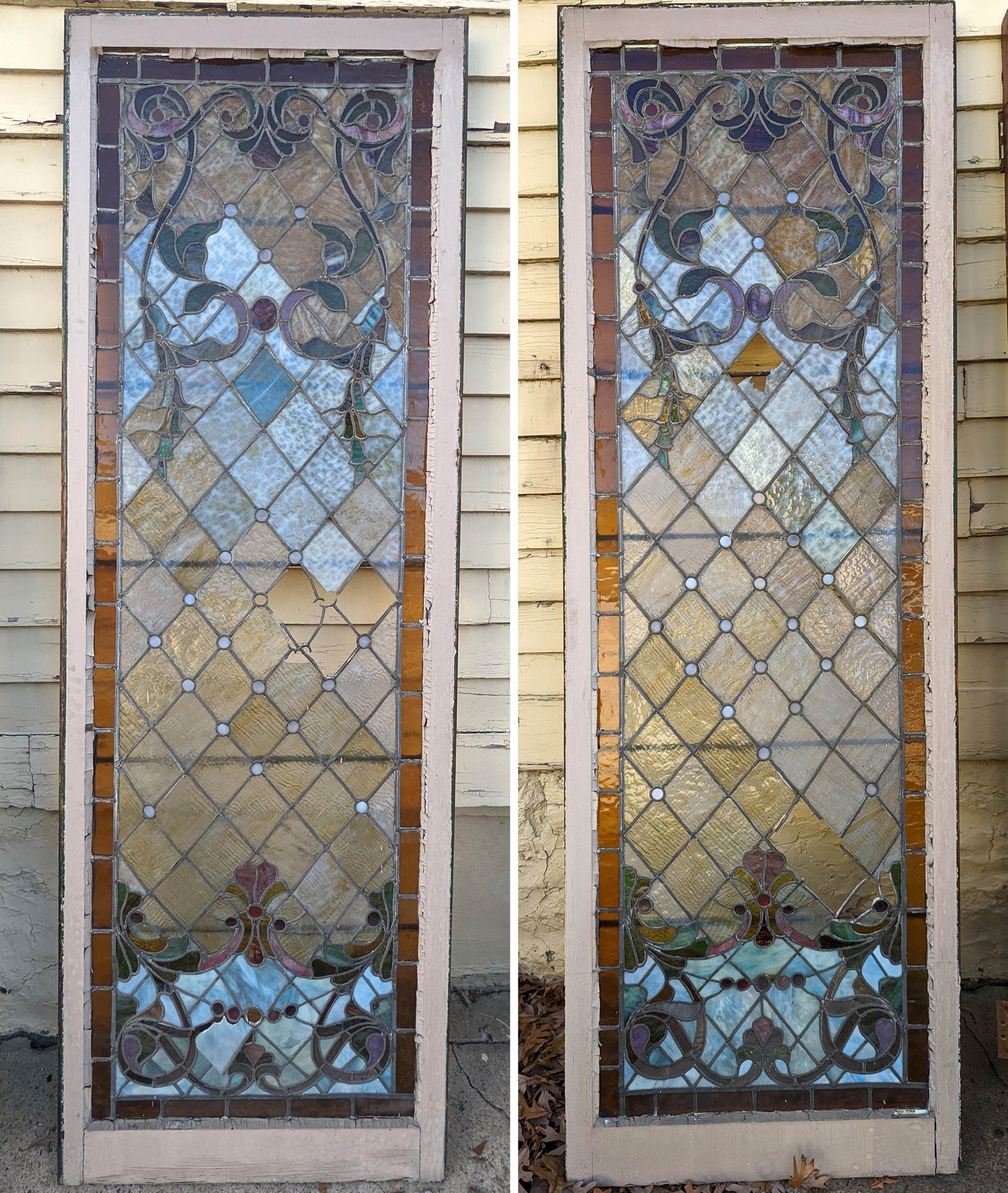 Pair of 28"x82" Antique Vintage Old Salvaged Reclaimed 1889 Victorian Stained Textured Slag Glass Windows Doors Side Lites Gems Jewels
