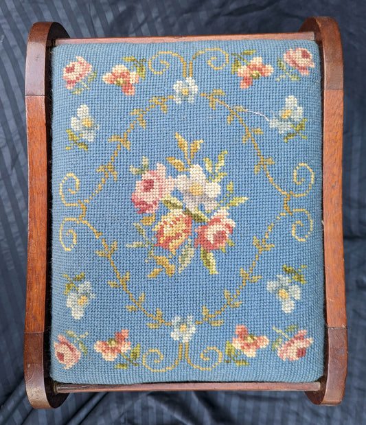 Antique Vintage Old Victorian SOLID Wood Wooden Kneeling Bench Foot Stool Ottoman Stand Floral Blue Fabric Needlepoint Design