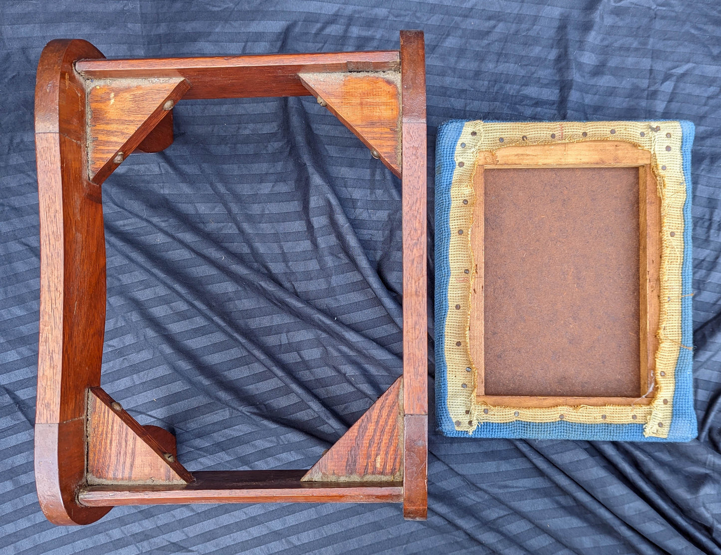 Antique Vintage Old Victorian SOLID Wood Wooden Kneeling Bench Foot Stool Ottoman Stand Floral Blue Fabric Needlepoint Design