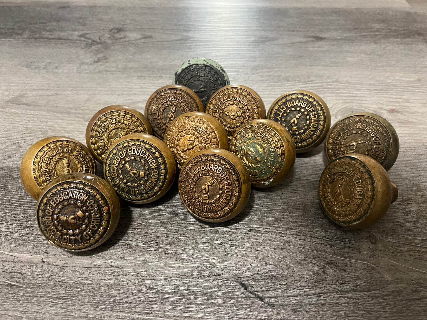 Lot of 8 Antique Vintage Old "City of Chicago Board of Education" SOLID Brass Doorknobs Door Knobs Handles