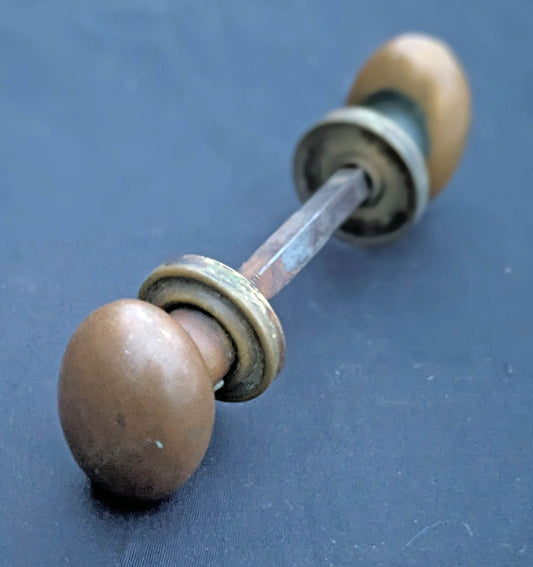 Pair Antique Vintage Old Salvaged Reclaimed Egg Oval SOLID Heavy Brass Doorknobs Door Knob Round Plates Rosette Exterior Entry