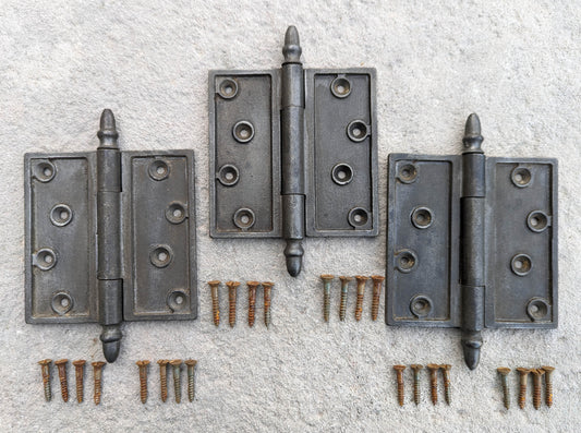 Set of 3 Restored Cleaned 5"x5" Antique Old Reclaimed Salvaged Vintage Old Victorian Cast Iron Steeple Exterior Entry Door Hinges
