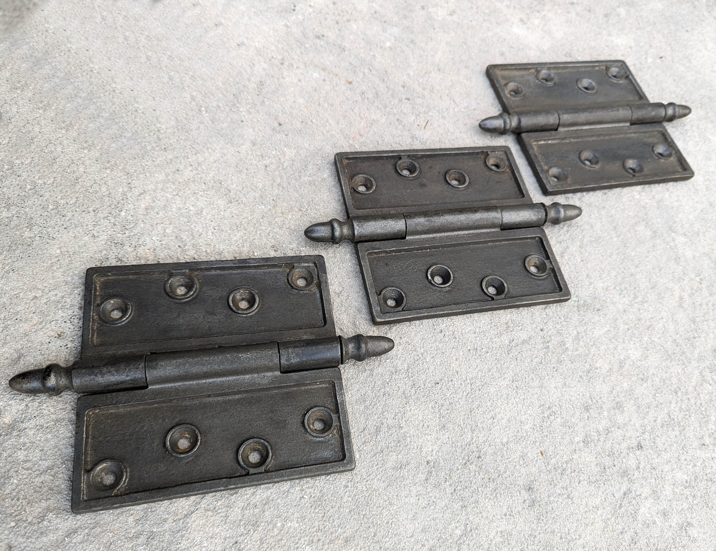 Set of 3 Restored Cleaned 5"x5" Antique Old Reclaimed Salvaged Vintage Old Victorian Cast Iron Steeple Exterior Entry Door Hinges