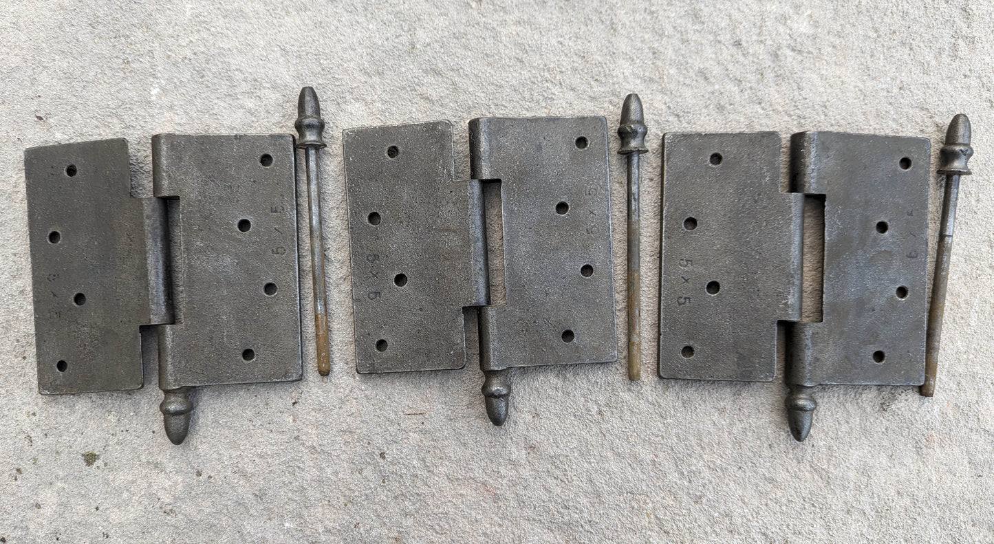 Set of 3 Restored Cleaned 5"x5" Antique Old Reclaimed Salvaged Vintage Old Victorian Cast Iron Steeple Exterior Entry Door Hinges