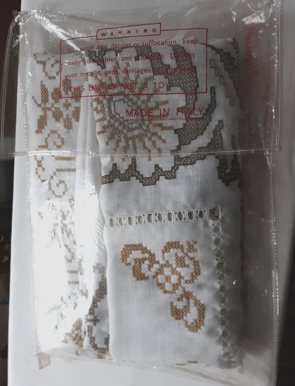 Elegant Italian White Linen Rectangle Long Tablecloth Cross Stitched Baroque Design Hand Cut Work Gold Color Thread 51” W x 110” L - NOS