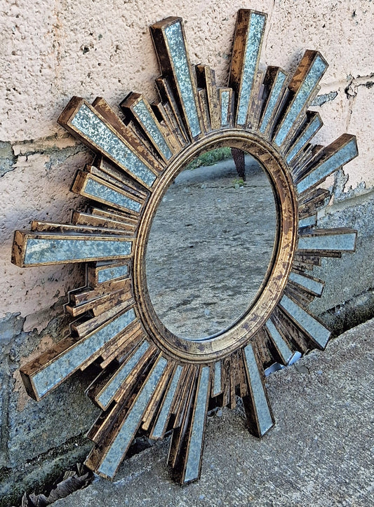 Vintage Old Salvaged Reclaimed Sunburst Starburst Hollywood Regency Plastic Gold Gilded Decor Bathroom Circle Circular Accent Mirror Glass