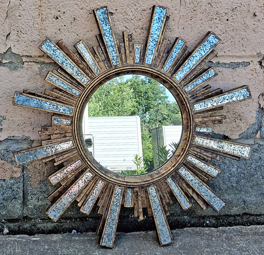 Vintage Old Salvaged Reclaimed Sunburst Starburst Hollywood Regency Plastic Gold Gilded Decor Bathroom Circle Circular Accent Mirror Glass