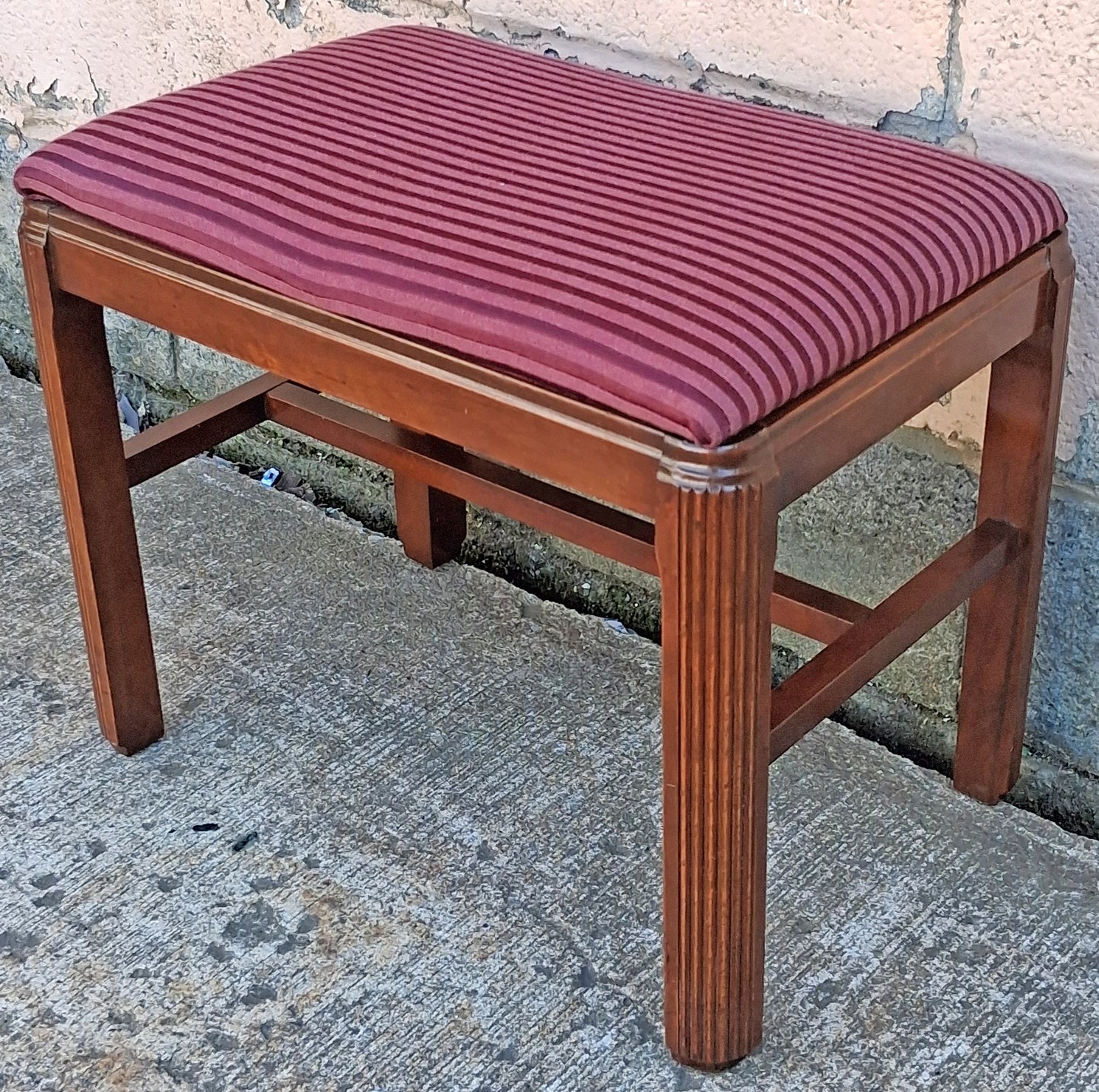 Antique Vintage Old Art Deco Style SOLID Wood Wooden Piano Kneeling Bench Foot Stool Ottoman Plant Stand Pink Purple Striped Fabric