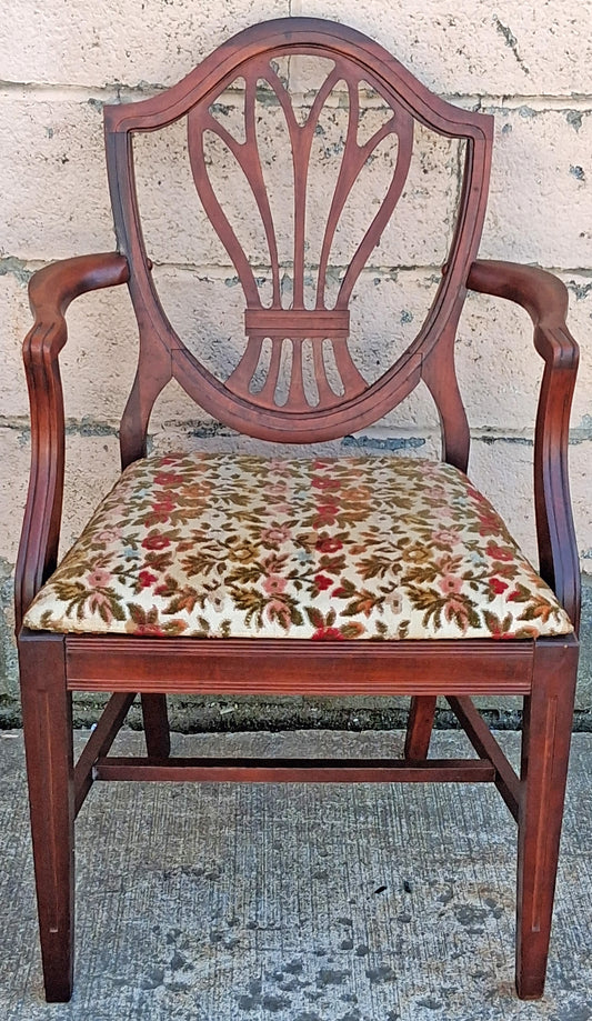 Antique Vintage Old Solid Cherry Wooden Victorian Shield Back Side Dining Lounge Accent Chair Upholstered Upholstery Floral Fabric Seat