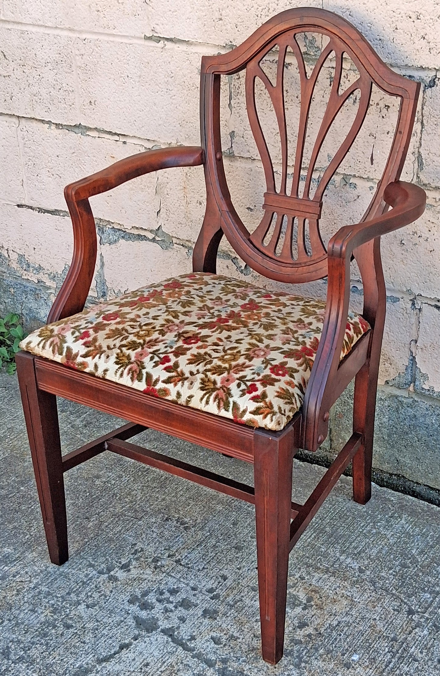 Antique Vintage Old Solid Cherry Wooden Victorian Shield Back Side Dining Lounge Accent Chair Upholstered Upholstery Floral Fabric Seat