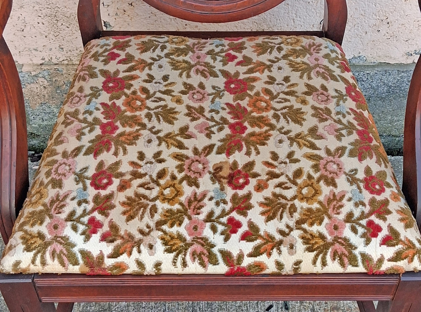 Antique Vintage Old Solid Cherry Wooden Victorian Shield Back Side Dining Lounge Accent Chair Upholstered Upholstery Floral Fabric Seat