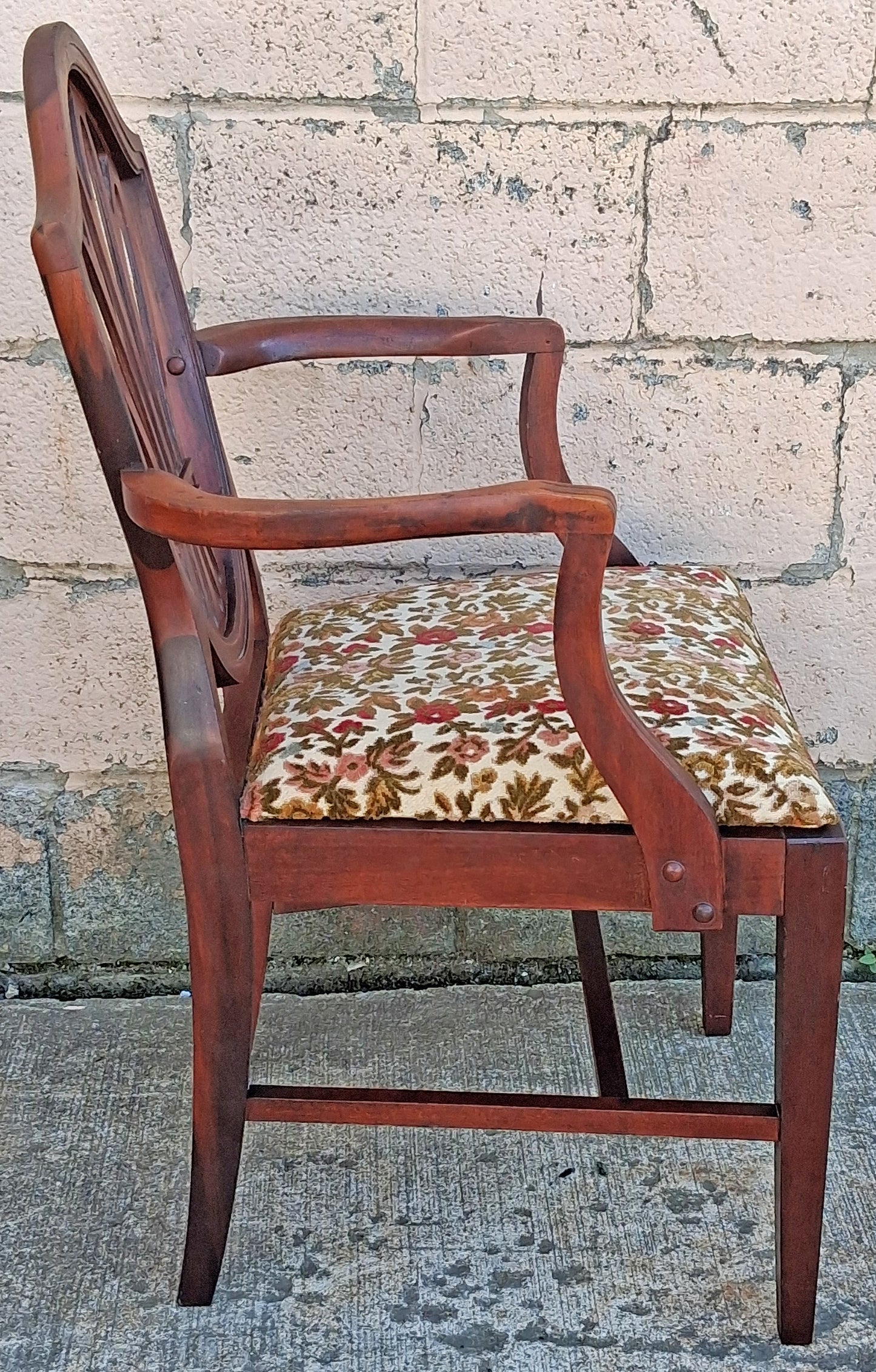 Antique Vintage Old Solid Cherry Wooden Victorian Shield Back Side Dining Lounge Accent Chair Upholstered Upholstery Floral Fabric Seat
