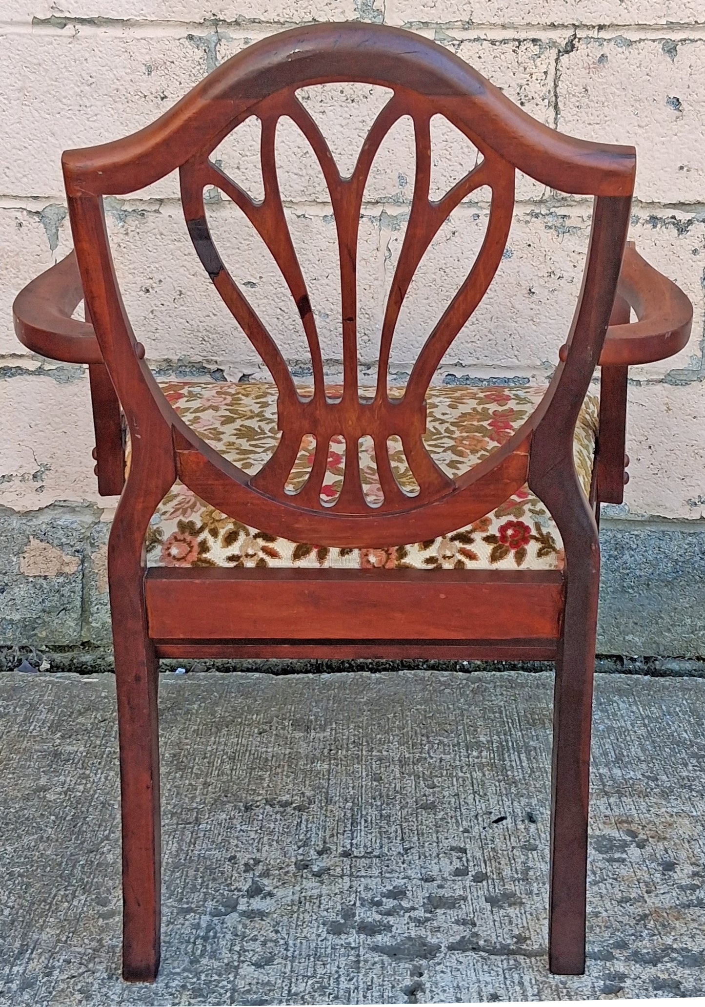 Antique Vintage Old Solid Cherry Wooden Victorian Shield Back Side Dining Lounge Accent Chair Upholstered Upholstery Floral Fabric Seat
