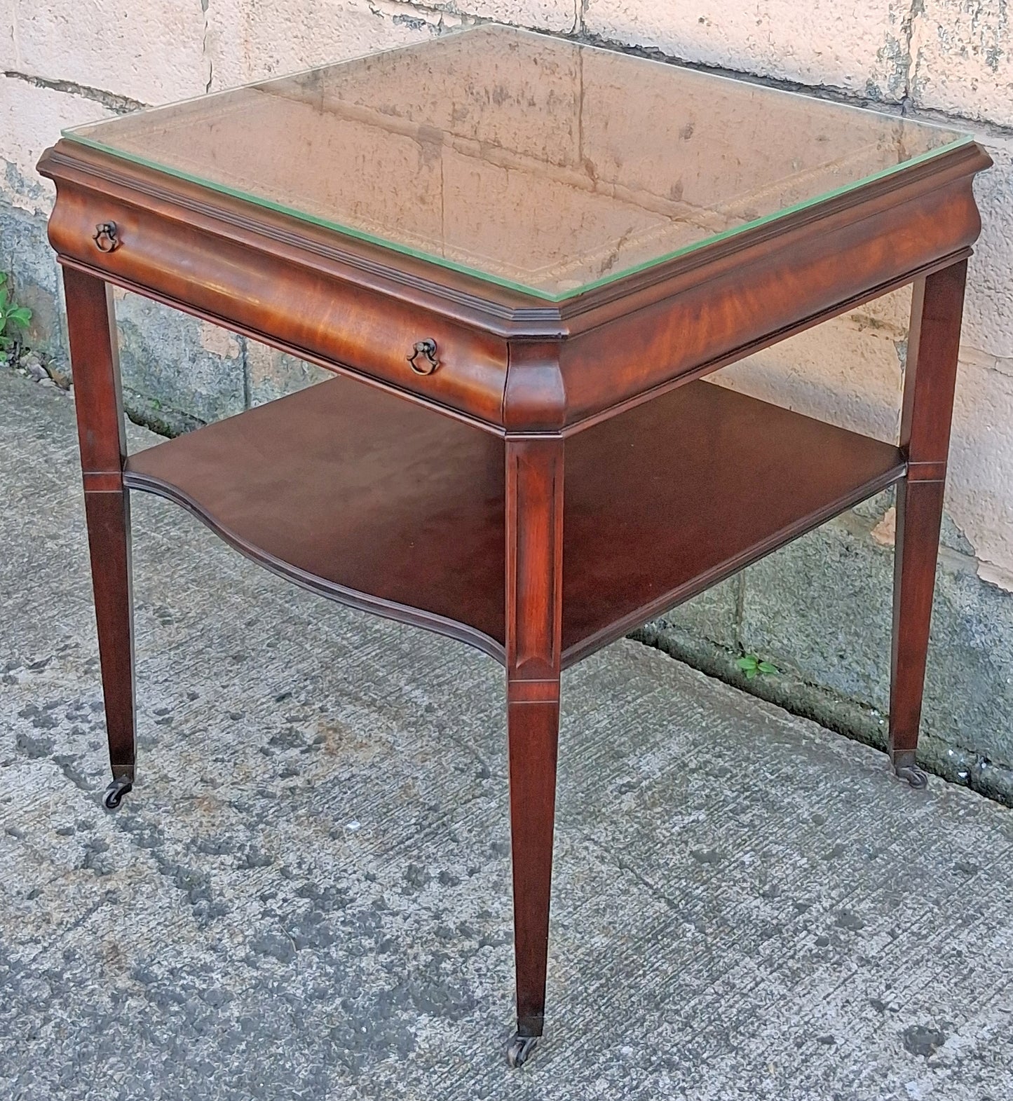 Antique Vintage Old Salvaged Reclaimed Chippendale Colonial Style Solid Mahogany Leather Glass Top Side Accent Bedside Table Nightstand
