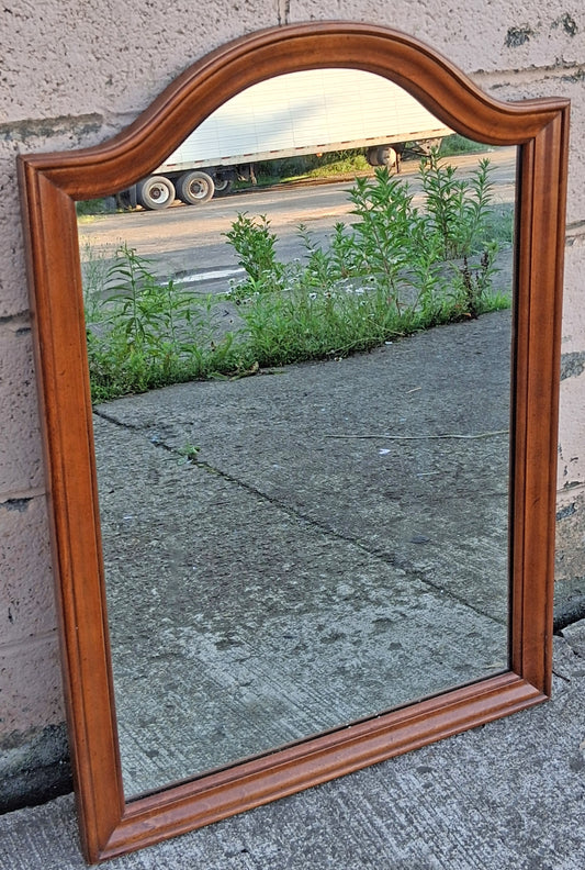 37"H Antique Vintage Old Solid Wood Wooden Hanging Wall Mounted Mount Arched Arch Mirror Glass Carvings Ornate Decorative