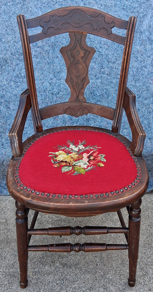 Antique Vintage Old Victorian Style SOLID Wood Wooden Side Dining Accent Desk Chair Floral Needlepoint Red Fabric Seat