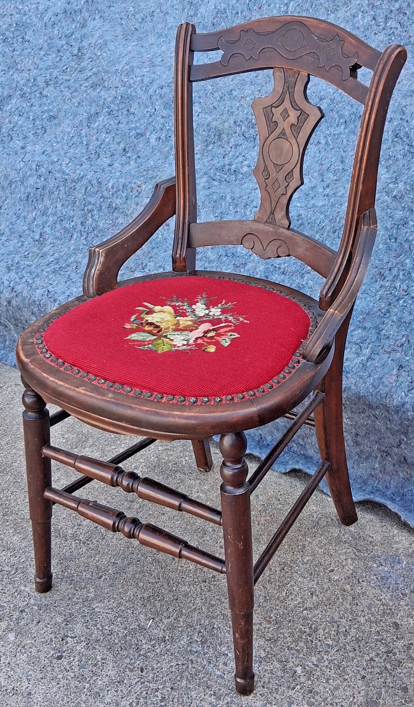 Antique Vintage Old Victorian Style SOLID Wood Wooden Side Dining Accent Desk Chair Floral Needlepoint Red Fabric Seat