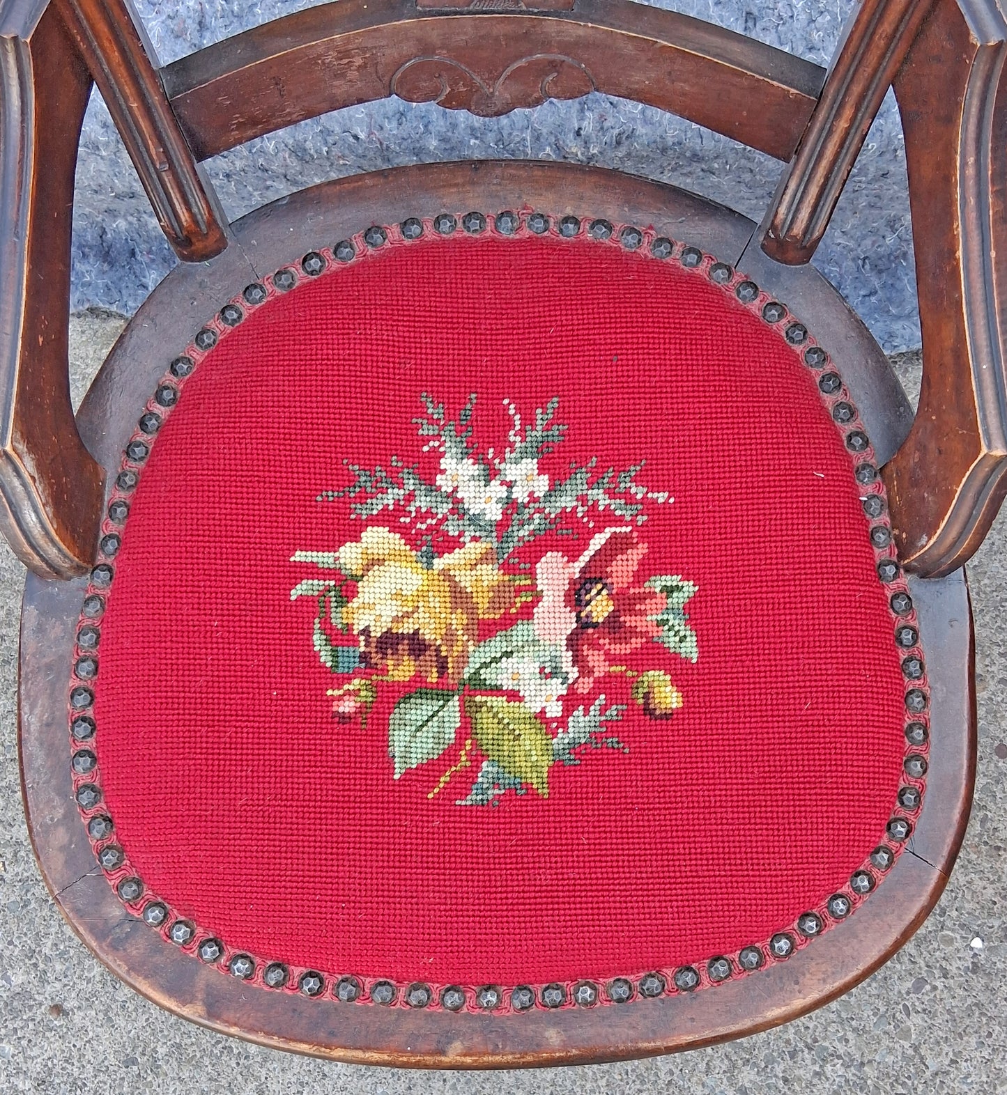 Antique Vintage Old Victorian Style SOLID Wood Wooden Side Dining Accent Desk Chair Floral Needlepoint Red Fabric Seat