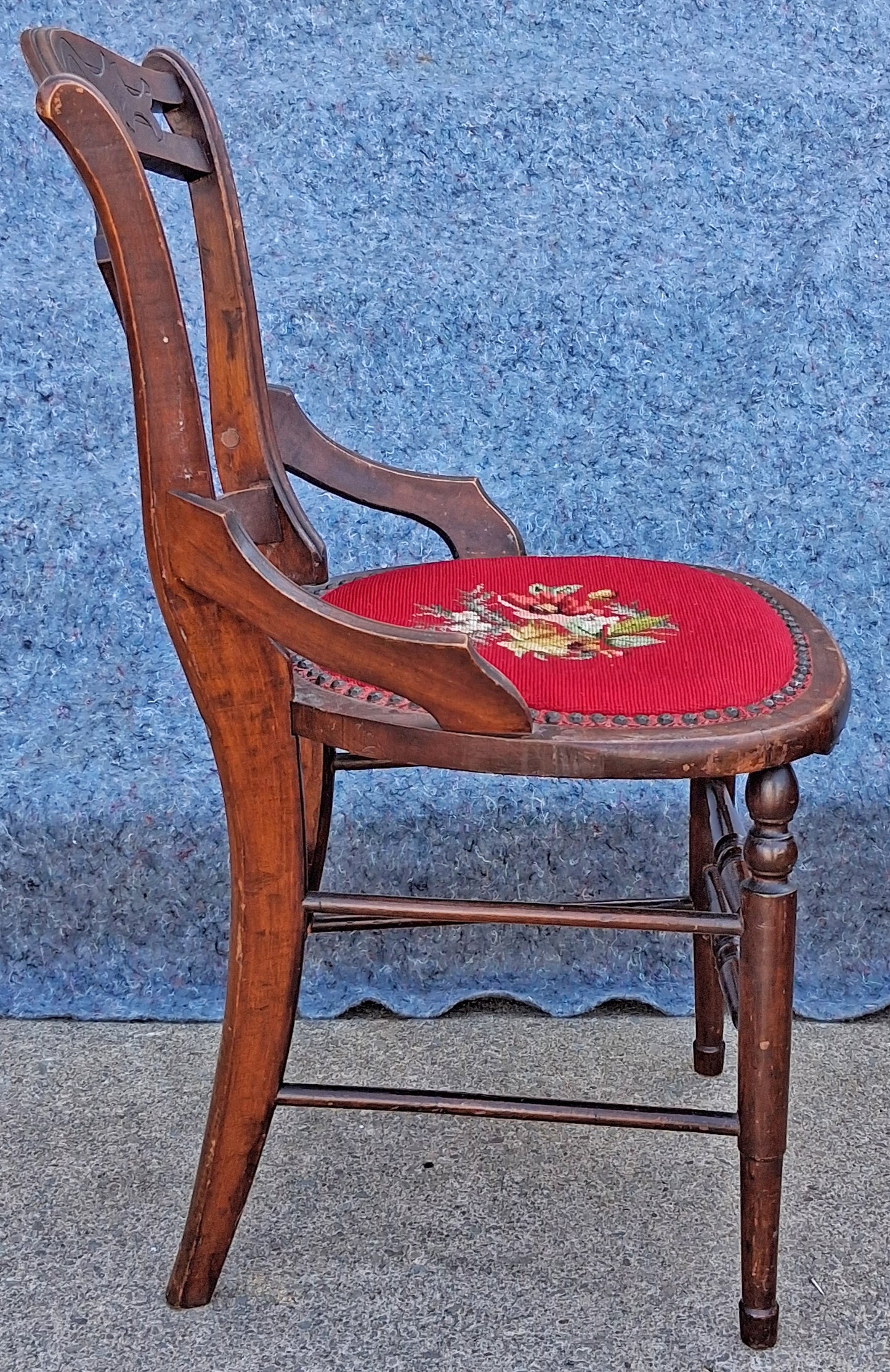Antique Vintage Old Victorian Style SOLID Wood Wooden Side Dining Accent Desk Chair Floral Needlepoint Red Fabric Seat