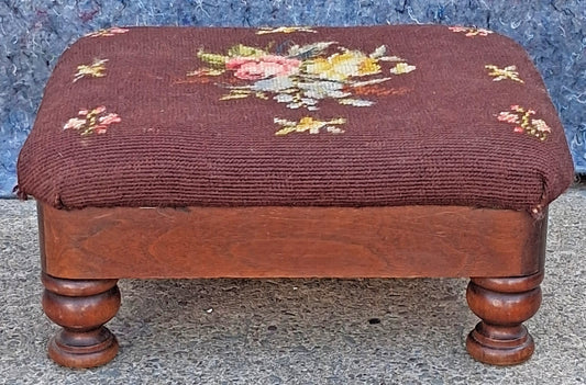 Antique Vintage Old Victorian SOLID Wood Wooden Kneeling Bench Foot Stool Ottoman Stand Brown Floral Fabric Needlepoint Design