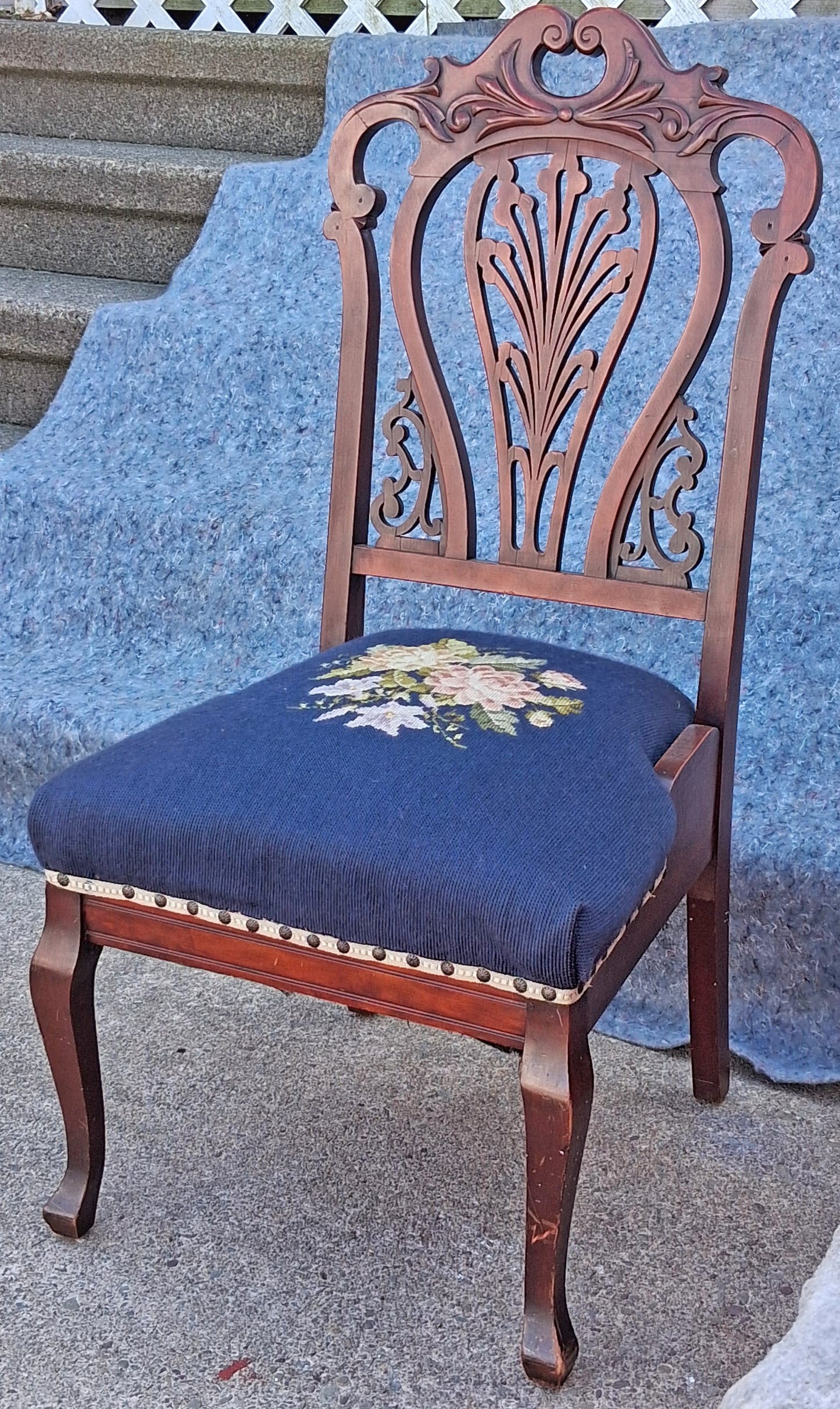 Antique Vintage Old Victorian Style SOLID Cherry Wood Wooden Side Dining Accent Desk Chair Floral Needlepoint Blue Fabric Seat