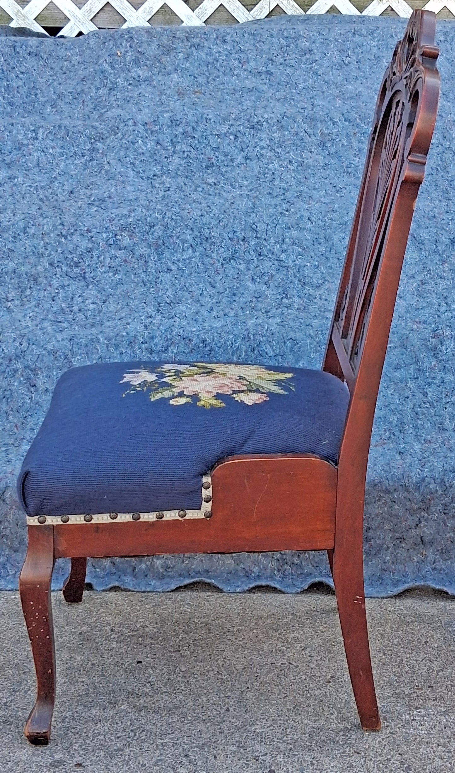 Antique Vintage Old Victorian Style SOLID Cherry Wood Wooden Side Dining Accent Desk Chair Floral Needlepoint Blue Fabric Seat