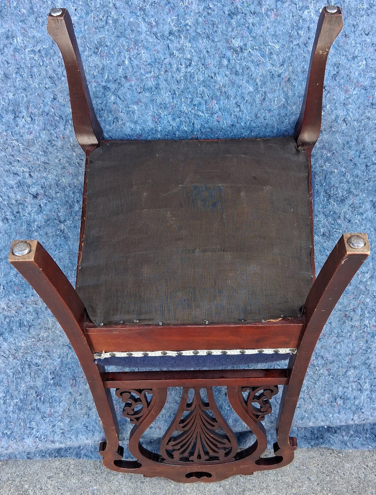Antique Vintage Old Victorian Style SOLID Cherry Wood Wooden Side Dining Accent Desk Chair Floral Needlepoint Blue Fabric Seat